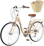 BALINGE 24 Inch Cruiser Bicycle 7 Speed with Basket，Beach Cruiser Bike for Women，24” Womans Bike Pink，Hybrid Cruiser Bike 7 Speeds Trek Hybrid Bike for Women,Lotus Pink（Beige）, 24 Inch