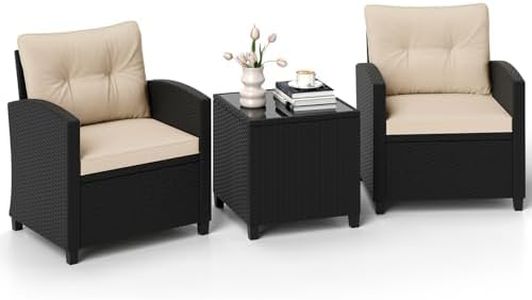 GIANTEX Salon de Jardin 2 Personnes en Rotin, Mobilier Jardin avec 2 Fauteuils, Coussins Amovibles, Table Basse Plateau en Verre Trempé, pour Balcon, Cour, Noir + Beige