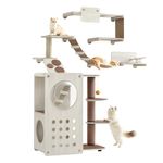 Feandrea Clickat Land Cat Wall Furniture, Set of 7, Cat Tree, Cat Shelf, Cat Hammock, Cat Stairs, Cat Feeding Station, Replaceable Washable Parts, Oatmeal Brown and Coffee Brown PCK901T66