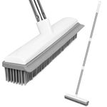 Rubber Broom, 2 in 1 Floor Rubber Brush with Squeegee, Adjustable Long Handle Rubber Broom Indoor Outdoor Soft Push Broom Carpet Sweeping Brush for Pet Cat Dog Hair Hardwood Tile Windows Clean