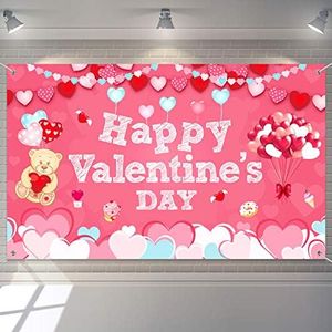 Valentine's Day Backdrop Party Decorations Pink Love Heart Balloons Photography Background Valentine's Day Party Supplies Cake Table Banner Photo Booth Props, 5.9 x 3.6 ft