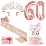 Amosking 60th Birthday Decorations for Women, Including 60th Birthday Sash and Tiara, Birthday Cake Topper and 60 Candles, Rose Gold 60 Number Balloons, Happy 60th Birthday Gifts for Women