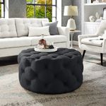 Inspired Home Black Linen Cocktail Ottoman - Design: Bella | Allover Tufted | Round | Castered Legs