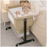 Baby Bassinet Bedside Sleeper - 3 in 1 Adjustable Height Bedside Bassinet with Breathable Mesh, Wheels & Storage Basket and Bag, Portable Folding Baby Cradle for Infants & Newborns, Khaki