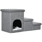 PawHut Dog Steps for Bed, 3 Step Pet Stairs with Kitten House and 2 Storage Boxes, 3 in 1 Dog Ramp for Sofa with Washable Plush Cushion, Light Grey