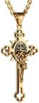 HZMAN Stainless Steel Saint Benedict Crucifix Cross Pendant Necklace for Men Women Retro Religious Christian Faith Cross Necklace (Gold)