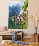 Ambesonne Nature Tapestry, Idyllic Alps Village Small Town by Majestic Mountain Lake European Pastoral Scenery, Wall Hanging for Bedroom Living Room Dorm Decor, 60" X 80", Multicolor Green