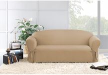 SureFit Cotton Duck Canvas Sofa Slipcovers, Sofa Cover Cotton Solid One Piece Design and Straight Skirt, Removable and Machine Washable Couch Cover, Tan