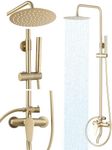 RALANA Brushed Gold Outdoor Shower System, 3 Function All Metal Shower Faucet Set with Dial Thermometer, 10'' Rainfall Outdoor Shower Fixture Solid Brass Valve - 5.9" Wall Mount