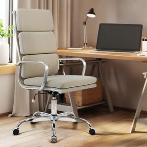 Furb Eames Fabric Office Chair with Adjustable Tilt Function, Lumbar Support Office Desk Chair, Adjustable Height Swivel Chair with Silver Armrests and Legs for Home （Beige）