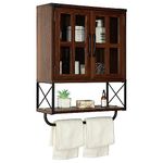 RUSTOWN Farmhouse Medicine Cabinet with Cross Glass Doors, Wood Wall Storage Cabinet, 3-Tier Rustic Bathroom Cabinet with Adjustable Shelves and Towel Bar for Living Room(Dark Walnut, Medium)