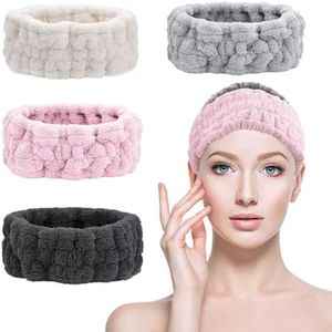 KEYRI 4 Piezas Diadema Maquillaje, Diademas Faciales de SPA Elásticas Diadema Skincare Absorbentes Cinta Pelo Maquillaje para Chica Lavar la Cara Ducha Deporte Yoga Belleza (Negro+Blanco+Rosa+Gris)