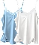 Ekouaer Women's 2 PCS Silk Satin Tank Top Lace Cami Spaghetti Strap Top V Neck Camisoles White & Light Blue XXL