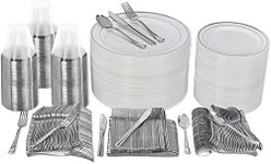 Prestee 600 Piece Dinnerware Set for 100 Guests - Silver Disposable Plates Sets for Party incl. 100 Dinner Plates, 100 Salad Plates, 100 Knives, 100 Forks, 100 Spoons and 100 Cups