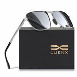 LUENX Rectangular Aviator Polarized Sunglasses for Men Women 59mm Mirrored Silver Lens Square Metal Silver Frame Spring Hinge