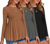 Ekouaer Maternity Shirts 3 Packs Pleated Long Sleeve Tops Tunic Casual Pregnancy Clothes Black/Brown/Grey M