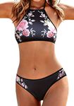 Ekouaer Womens Forest Leaves Printing High Neck Halter Bikini Set Swimsuit - Black -