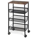 LIANTRAL 4-Tier Storage Trolley Cart, Kitchen Storage Wagon, Kitchen Cart on Wheels, Metal Mesh Storage Pantry Cart with Lockable Wheels, Wood Look Top and Metal Frame