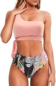 MOOSLOVER Women One Shoulder High Waisted Bikini Tie High Cut Two Piece Swimsuits(XL,Pink Flower)
