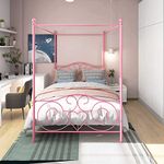 HAHRIR Canopy Bed Frame Platform Metal Bed Frame Heavy Duty Steel Slat and Support with Headboard and Footboard No Box Spring Required (Full, Pink)