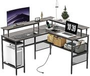 WASAGUN L Shaped Desk Reversible Computer Desk 209CM Gaming Desk Industrial Long Table Stable Desk with Power Outlets L Shape Corner Desk for Home and Office Computer Workstation with Shelves Gray
