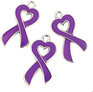 Purple Ribbon Awareness Cancer Heart Charms (12)