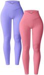 OQQ Women's 2 Piece Yoga Leggings Ribbed Seamless Workout High Waist Cross Over Athletic Exercise Leggings Purple Dry Rose