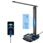 poukaran LED Desk Lamp with Wireless Charger, USB Charging Port, Table Lamp with Clock, Alarm, Date, Temperature, Desk Lamps for Home Office,Black Brand: poukaran