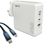 qBLOC 140w USB C Charger 3 in 1 GAN Charger, Replacement MacBook Charger, Charge 2 Laptops at Once, High Powered USB C Plug Fast Charge 140w Charger with US and EU pins for Travel and Holidays