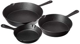 Jim Beam Set of 3 Pre Seasoned Cast Iron Skillets with Even Heat Distribution and Heat Retention - 6" 8" 10"