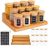 KITment 12Pcs Glass Spice Jars with Step Shelf, 8oz Airtight Spice Jars with Bamboo Lid, 3 Tier Seasoning Organiser Countertop Display Shelf for Kitchen Cabinet, Pantry, Cupboard, with Spice Lables