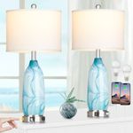 Coastal Table Lamps Set of 2, Modern Table Lamps with USB A+C Ports & AC Outlet, Touch Control Glass Bedside Nightstand Lamp with Night Light for Living Room Bedroom End Table Blue(Bulbs Included)