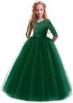 Little Big Girls Flower Vintage Floral Lace 3/4 Sleeves Floor Length Dress Tulle Wedding Birthday Party Evening Formal Prom Dresses Summer A Line Pegeant Long Maxi Dance Ball Gown Dark Green 9-10