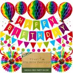 Premium Reusable Birthday Party Decorations - Rainbow Birthday Decoration Set - Happy Birthday Banner, Birthday Bunting, Honeycomb Decorations, Streamers (Paper Colourful Rainbow Party Decorations)