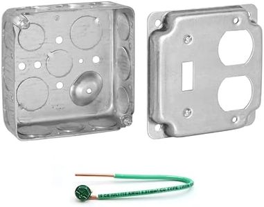 (Pack of Box and Cover) AP-12087, 4" Square Electrical Box, 1 Toggle Switch, 1 Duplex Receptacle Cover, Crushed Corners, Drawn Construction, Ten 1/2", Six 3/4" Knockouts, Raised Ground, 1-1/2" Deep