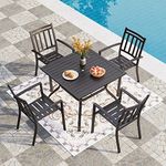 PHI VILLA 5-Piece Outdoor Dining Set, 4 Steel Metal Stackable Patio Chairs & 1 Square Dining Table, Fence Pattern Back, Black