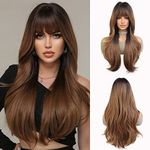 Esmee Long Wavy Ombre Brown Wigs for Women Natuaral Synthetic Hair Wig with Fringe for Daily Party Cosplay Use-24 Inches