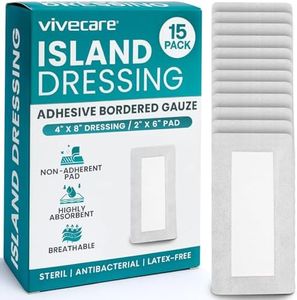 Vive Care Adhesive Border Gauze 4"x8" (15pcs) - Bordered Non-Stick Island Dressing - Absorbent Wound Care Dressing - Breathable Sterile Bed Sore Bandage - Individually Wrapped Non-Woven Pad for Ulcers