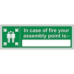 V Safety 17026BJ-R In Case Of Fire Your Assembly Point Is: Sign - Landscape - 450mm x 150mm - 1mm Rigid Plastic, Green