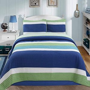 Cozy Line Home Fashions Waylon Navy Blue Green White Striped 100% Cotton Reversible Bedding Quilt Set, Coverlet Bedspread (Blue/Green, Twin - 2 Piece)