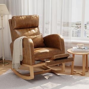 GarveeHome PU Leather Rocking Chair with Footrest, Modern Nursery Glider Chair with Side Pockets and Pillow, Rocker Chair for Living Room Bedroom Nursing Room, Orange