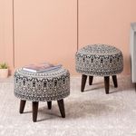 nestroots Set of 2 Wooden Ottoman Stool for Living Room | Printed Pouffes for Sitting | Foot Rest with 4 Wooden Legs (14 inch Height, Blue)