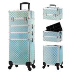 Professional 4-in-1 Large Makeup Trolley Beauty Cosmetics Vanity Organizer Rolling Make up Train Case Hairdressing Storage Box with Universal Wheels and Key Locks 4 Tiers (Mint Blue)