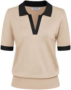 Kate Kasin Short Sleeve Sweaters for Women, Summer V Neck Knit Tops, Business Casual Polo Shirts Light Apricot Black