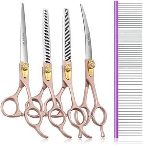 TOPGOOSE 7.5‘’ Professional Dog Grooming Scissors Set 440C Stainless Steel Straight Thinning Curved Chunker Shears 4PCS Set for Pet Grooming Services Dogs and Cats (Rose Gold, Set)