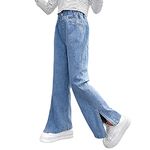 Rolanko Girls Jeans Bootcut Ripped Elasticated Waist Retro Style Denim Pants for Kids Fit, Blue Split, Size: 160