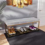 Dence Store Shoe Rack Bench Shoe Storage Bench Entry Decor, Golden Shoe Shelf, Soft Velvet Seat Shoe Organizer Grey