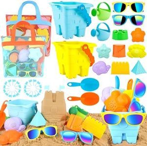 42 PCS Beach Toys and Sand Toys, Sandbox Toys Beach Toys for Kids 3-10, Kids Beach Toys with Sand Bucket, Mesh Bags, Kids Sunglasses, Sand Castle Toys for Beach, Sand Toys for Toddlers Age 3-5
