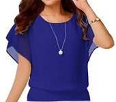 Yommay Blouses for Womens Elegant Ladies Tops Summer Chiffon Blouses Short Sleeve Flowy Casual T Shirts,Blue,2XL