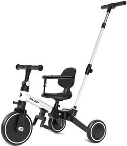 Glaf Toddler Bike Tricycle with Push Handle for 1-3 Years Old Baby Boys and Girls Kids Trike Balance Bike Birthday Toy with Removable Pedals Adjustable Seat Height and Backrest (White)